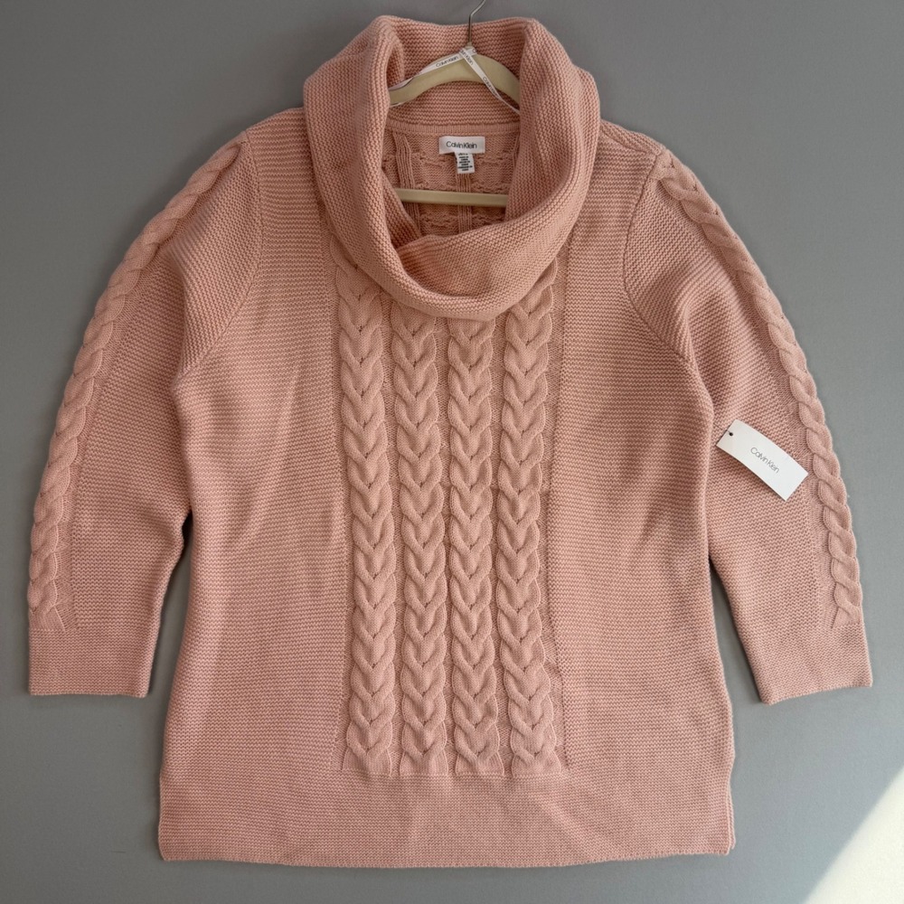 NWT Calvin Klein Pale Pink Cable Knit Cowl Neck Sweater Cozy Coastal Chic XL